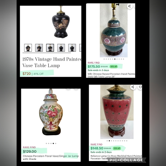 Vintage Porcelain Hand Painted Lamp - Gold Gilding, Marbleized - Picture 7 of 8